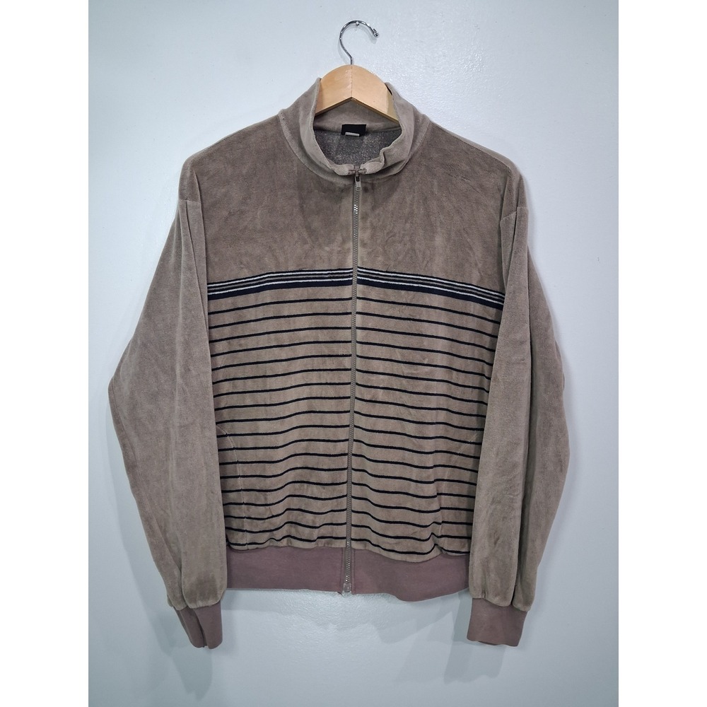 Vintage Pinnacle Velour Track Jacket Mens XL Taupe Striped Full Zip USA Made 80s